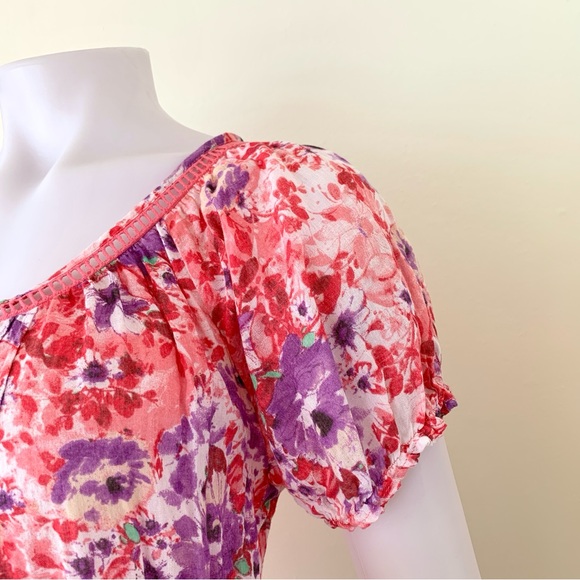 pink purple floral print cap short sleeve blouse with tassels - Picture 6 of 16
